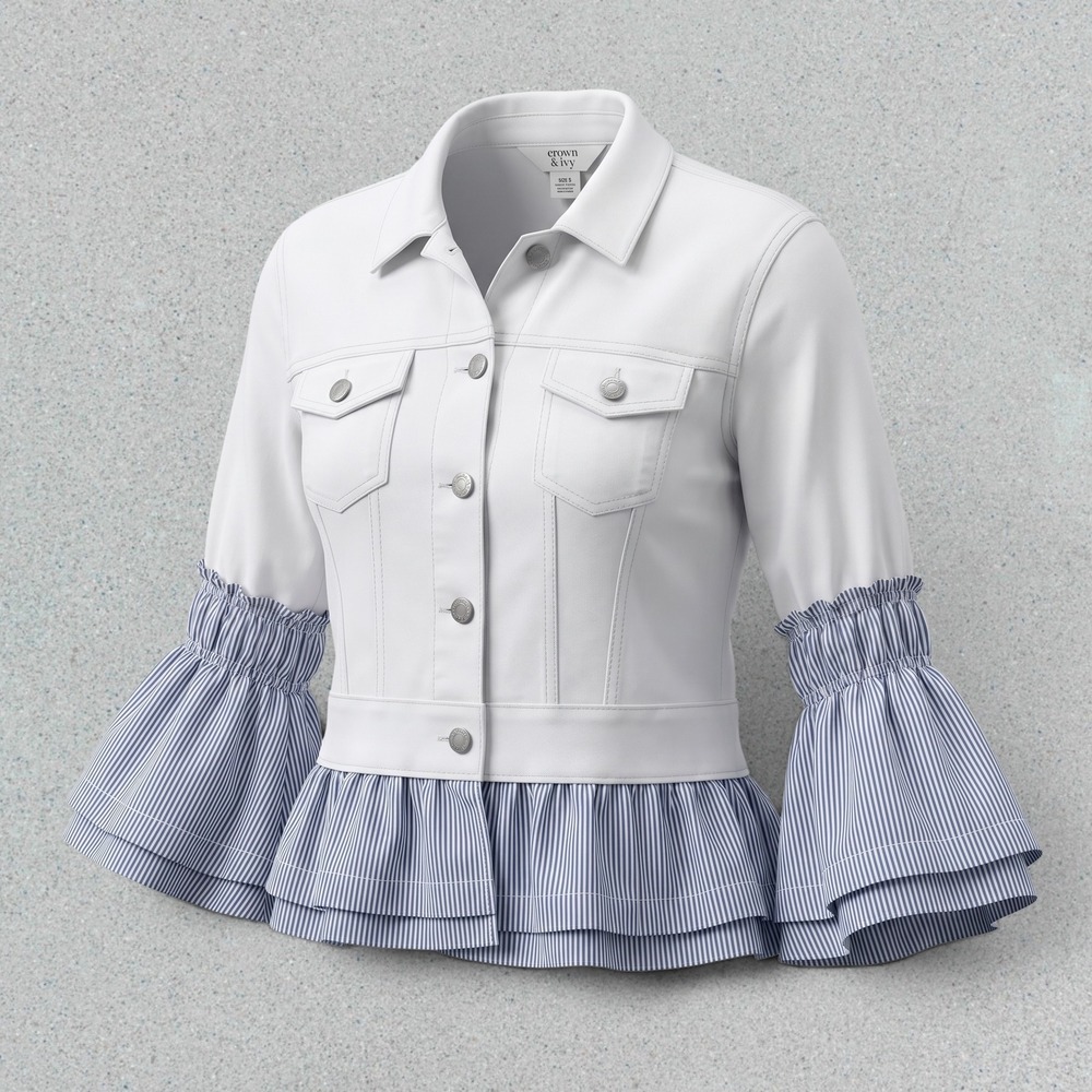 CROWN & IVY White Denim Jacket Blue Pinstripe Bell Sleeves and Hem, XLP